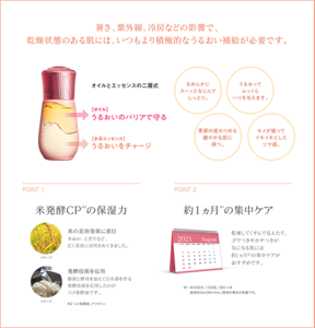 暑さ、紫外線、冷房などの影響で、乾燥状態のある肌には、いつもより積極的なうるおい補給が必要です。 POINT1 米発酵CP※2の保湿力 POINT2 約１ヵ月※1の集中ケア 