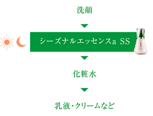 洗顔▶︎シーズナルエッセンスa SS▶︎化粧水▶︎乳液・クリームなど