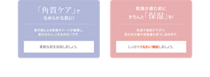 「角質ケア」でなめらかな肌に！ 紫外線による乾燥ダメージが蓄積し、肌がかたく、くすみがち※1です。 柔軟な肌を目指しましょう。 乾燥が進む前にきちんと「保湿」を！ 気温や湿度が下がり、肌の水分量や皮脂量も低下し始めます。 しっかりうるおい補給しましょう。 ※1 古い角質によるくすみ