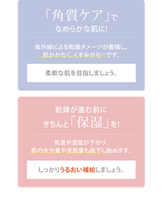 「角質ケア」でなめらかな肌に！ 紫外線による乾燥ダメージが蓄積し、肌がかたく、くすみがち※1です。 柔軟な肌を目指しましょう。 乾燥が進む前にきちんと「保湿」を！ 気温や湿度が下がり、肌の水分量や皮脂量も低下し始めます。 しっかりうるおい補給しましょう。 ※1 古い角質によるくすみ