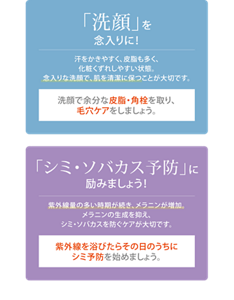 夏は「洗顔」で毛穴ケア！　夏は皮脂が出やすく、過剰に出ると肌トラブルを起こしやすい状態に。　洗顔で余分な皮脂・角栓を取り、毛穴ケアをしましょう。　「美白※1」は一日でも早く！　夏は紫外線の影響で皮フのメラニン量が増え、シミができやすい時期です。　紫外線を浴びたらその日のうちにシミ予防を始めましょう。
