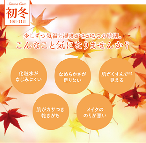 初冬 10月-11月 少しずつ気温と湿度がさがるこの時期。こんなこと気になりませんか？ 化粧水がなじみにくい なめらかさが足りない 肌がくすんで※1見える 肌がカサつき乾きがち メイクののりが悪い ※1古い角質によるくすみ