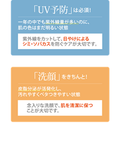 今から「UV予防」を！いよいよ1年のうちで紫外線量が最も多い時期に突入。顔もボディもUV予防して、うっかり日やけに気をつけましょう。 夏は「洗顔」が美肌のカギ！夏に向かって気温、湿度も高くなり、皮脂分泌が活発に。過剰な皮脂を洗顔で取り除き、ベタつきやニキビを防ぎましょう。