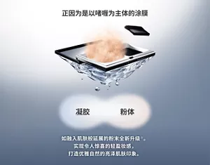 正因为是以啫喱为主体的涂膜 凝胶 粉体 如融入肌肤般延展的粉末全新升级※。实现令人惊喜的轻盈妆感，打造优雅自然的亮泽肌肤印象。