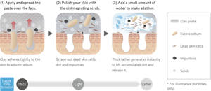 ①ペーストをのせ広げる。肌に吸い付くように密着し、クレイが皮脂を吸着。②スクラブを転がすようになじませる。古い角質や汚れなどのざらつきを除去し磨き上げる。③少量の水を含ませ、泡立てる。濃密な泡が一気に泡立ち、蓄積汚れを浮かせてリリース。　質感変化：はじめは重い質感。のばすとスクラブが崩れ出し、軽い質感に。スクラブが更に小さく崩れたら水を加え、泡立てる。