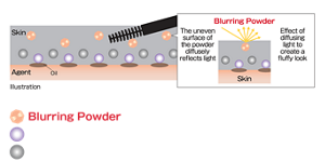 Skin Agent Oil Illustration Blurring Powder The uneven surface of the powder diffusely reflects light Effect of diffusing light to create a fluffy look Blurring Powder Oil Coating Powder Wax