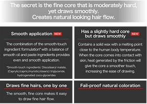 The secret is the fine core that is moderately hard, yet draws smoothly. Creates natural looking hair flow. Smooth application NEW The combination of the smooth-touch ingredient formulation* with a balance of smooth oil and paste ingredients provides even and smooth application. *Smooth-touch ingredients: Diisostearyl malate, (Caprylic/capric/myristic/stearic) triglyceride, hydrogenated coco-glycerides Has a slightly hard core but draws smoothly NEW Contains a solid wax with a melting point close to the human body temperature. When the core comes into contact with skin, heat generated by the friction will give the core a smoother touch, increasing the ease of drawing. Draws fine hairs, one by one   The smooth, fine core makes it easy to draw fine hair flow. Fail-proof natural coloration