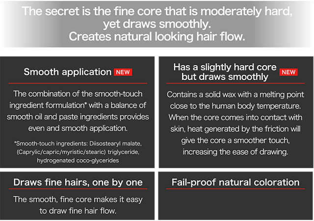 The secret is the fine core that is moderately hard, yet draws smoothly. Creates natural looking hair flow. Smooth application NEW The combination of the smooth-touch ingredient formulation* with a balance of smooth oil and paste ingredients provides even and smooth application. *Smooth-touch ingredients: Diisostearyl malate, (Caprylic/capric/myristic/stearic) triglyceride, hydrogenated coco-glycerides Has a slightly hard core but draws smoothly NEW Contains a solid wax with a melting point close to the human body temperature. When the core comes into contact with skin, heat generated by the friction will give the core a smoother touch, increasing the ease of drawing. Draws fine hairs, one by one   The smooth, fine core makes it easy to draw fine hair flow. Fail-proof natural coloration