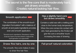 The secret is the fine core that is moderately hard, yet draws smoothly. Creates natural looking hair flow. Smooth application NEW The combination of the smooth-touch ingredient formulation* with a balance of smooth oil and paste ingredients provides even and smooth application. *Smooth-touch ingredients: Diisostearyl malate, (Caprylic/capric/myristic/stearic) triglyceride, hydrogenated coco-glycerides Has a slightly hard core but draws smoothly NEW Contains a solid wax with a melting point close to the human body temperature. When the core comes into contact with skin, heat generated by the friction will give the core a smoother touch, increasing the ease of drawing. Draws fine hairs, one by one   The smooth, fine core makes it easy to draw fine hair flow. Fail-proof natural coloration