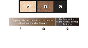 Beige and brown powders that create natural-looking skin texture A moisturizing and smooth glowing powder that blends in effortlessly with skin and draws the lighter areas A translucent shading powder that blends in effortlessly with skin and draws the shadows Gel Powder that draws natural-looking black lines A gel powder that draws natural-looking black lines
