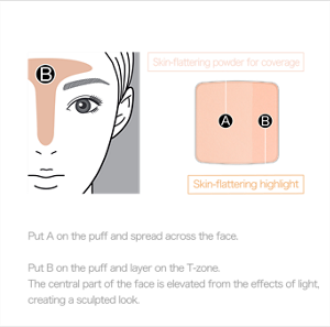 HOW TO A=Skin-flattering powder for coverage B＝Skin-flattering highlight  ① Cover the entire face and enhance skin tone with A Put A on the puff and spread across the face.   ② Layer on B for a sculpted impression.  Put B on the puff and layer on the T-zone. The central part of the face is elevated from the effects of light, creating a sculpted look.