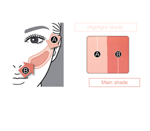 HOW TO Highlight shade  Main shade  1 Put B on the brush and apply narrowly along the cheekbone. 2 Put A on the brush and apply broadly towards the center of the face.