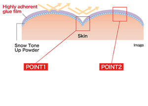 Highly adherent glue film Skin Snow Tone Up Powder Image  POINT1 High tone-up effect Snow tone-up powder gets into unevenness and pores and compensates with the effect of light. For a smooth and bright finish  POINT2 High coverage & color compensating effect Our unique dispersion technology creates a smooth, even film to correct pores, uneven coloration, and dullness.