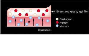 Sheer and glossy gel film Pearl agent Pigment Moisture (Illustration) "Our proprietary technology* that achieves long-lasting color has been successfully applied to develop a liquid type! Achieves long-lasting effects, sheer coloration, and moisturized texture. Creates a juicy and glossy finish.  * Kanebo’s proprietary color-lasting technolog