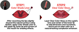 STEP 1 Color Shade Liner  After reworking the lips slightly beyond the natural contour using lipstick,  apply Color Shade Liner to the upper lip, lower lip  and corners of the mouth for shading effects.   STEP 2 Clear Color Gloss  Layer Clear Color Gloss on the cupid’s bow and center of the lower lip to add dimension and roundness, and to put on clear color as a natural-looking complexion enhancer.