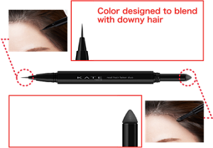 Color designed to blend with downy hair Draws fine individual hairs Downy hair-faking liquid liner Blends easily and adds shadow to the hairline Sponge-tipped powder