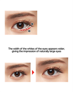 HOW TO  ①　Apply Ⓐ in a triangle from the corner crease of the lower eyelid toward the pupil.   ②　Draw a line of Ⓑ from below the pupil to the outer corner of the eye along the edge of Ⓐ.  ③　Draw in Ⓐ so that no gap is created between the Ⓐ and Ⓑ lines.   The width of the whites of the eyes appears wider, giving the impression of naturally large eyes  Finished image   achieved through makeup effects