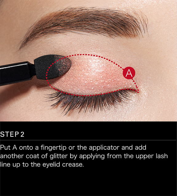 STEP 2 Put A onto a fingertip or the applicator and add another coat of glitter by applying from the upper lash line up to the eyelid crease.