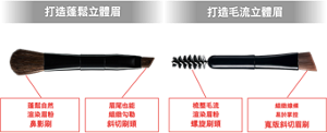 打造蓬鬆立體眉 附鼻影刷 蓬鬆自然 渲染眉粉 鼻影刷 眉尾也能 細緻勾勒 斜切刷頭 打造毛流立體眉 附螺旋刷頭 梳整毛流 渲染眉粉 螺旋刷頭 細緻線條 易於掌控 寬版斜切眉刷