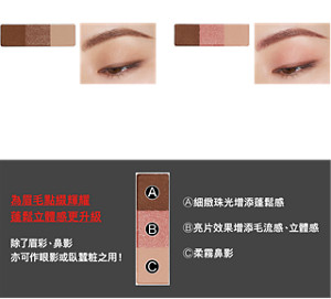 亮片款式 GL-1 閃耀棕系(亮片款式) GL-2 閃耀粉系(亮片款式) 妝效示意圖  為眉毛點綴輝耀 蓬鬆立體感更升級 除了眉彩、鼻影 亦可作眼影或臥蠶粧之用！ Ⓐ細緻珠光增添蓬鬆感 Ⓑ亮片效果增添毛流感、立體感 Ⓒ柔霧鼻影