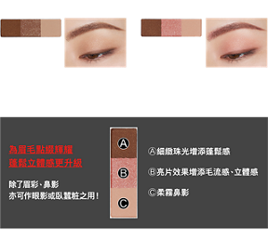 亮片款式 GL-1 閃耀棕系(亮片款式) GL-2 閃耀粉系(亮片款式) 妝效示意圖  為眉毛點綴輝耀 蓬鬆立體感更升級 除了眉彩、鼻影 亦可作眼影或臥蠶粧之用！ Ⓐ細緻珠光增添蓬鬆感 Ⓑ亮片效果增添毛流感、立體感 Ⓒ柔霧鼻影