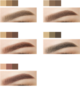 EX-4 亮棕系 適合搭配帶黃感的亮棕髮色。易於搭配的自然亮棕系  EX-5 棕色系 適合搭配深棕〜黑髮色。稍微加深線條的棕色系  EX-6 紅棕色系 適合搭配紅棕〜深棕髮色。摩登時尚的紅棕色系  EX-7 橄欖灰色系 適合搭配亞麻棕〜黑髮色。率性自然的橄欖灰色系   EX-8 粉棕色系 偏紅色系的棕色髮到黑髮適用自然輕盈感 棕粉紅 粧效示意圖