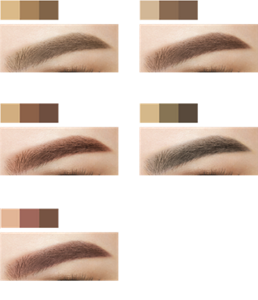 EX-4 亮棕系 適合搭配帶黃感的亮棕髮色。易於搭配的自然亮棕系  EX-5 棕色系 適合搭配深棕〜黑髮色。稍微加深線條的棕色系  EX-6 紅棕色系 適合搭配紅棕〜深棕髮色。摩登時尚的紅棕色系  EX-7 橄欖灰色系 適合搭配亞麻棕〜黑髮色。率性自然的橄欖灰色系   EX-8 粉棕色系 偏紅色系的棕色髮到黑髮適用自然輕盈感 棕粉紅 粧效示意圖