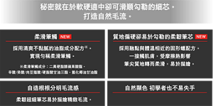 秘密就在於軟硬適中卻可滑順勾勒的細芯。 打造自然毛流。  柔滑筆觸 NEW   採用清爽不黏膩的油脂成分配方※。 實現勻稱柔滑筆觸。 ※柔滑筆觸成分：二異硬脂醇蘋果酸酯、辛酸/癸酸/肉豆蔻酸/硬脂酸甘油三酯、氫化椰油甘油酯" "質地偏硬卻易於勾勒的柔韌筆芯 NEW   採用融點與體溫相近的固形蠟配方。 一接觸肌膚，受摩擦熱影響 筆尖質地轉而柔滑，易於描繪。" "自造根根分明毛流感  柔韌超細筆芯易於描繪精緻毛流。自然顯色 初學者也不易失手