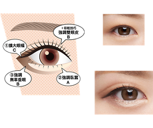 HOW TO ①擴大眼幅 C ②強調臥蠶 A ③強調無 辜垂眼 B ＋彩粧技巧 強調雙眼皮 B before  after （粧效示意圖）
