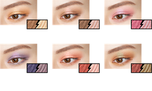 BR-1 閃耀裸棕 BR-2 星火粉棕 PK-1 璀鑽時髦粉 NV-1 午夜銀河 OR-1 杏桃綻電 OR-2 璀璨銅橘 妝效示意圖