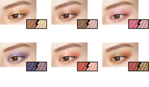 BR-1 閃耀裸棕 BR-2 星火粉棕 PK-1 璀鑽時髦粉 NV-1 午夜銀河 OR-1 杏桃綻電 OR-2 璀璨銅橘 妝效示意圖