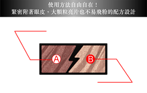 使用方法自由自在！ 緊密附著眼皮，大顆粒亮片也不易飛粉的配方設計 電光耀彩色 澄透高顯色，偏光色的變化光澤感 耀眼細緻的高彩度珠光  閃爍亮片色 具存在感的亮片 打造炫目奢華光芒