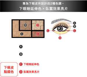 專為下眼皮所設計的2種色調。 下眼瞼延伸色×臥蠶效果亮片  飾影色  A　飾影打底色 明亮眼眸色澤  B中間飾影色 賦予眼眸深邃感  下眼皮點綴色 C下眼瞼延伸色 以線條方式從下眼皮眼頭到眼尾塗抹，擴張橫向幅度 D臥蠶效果亮片 賦予下眼皮輝耀立體感，擴張縱向幅度