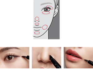 ＜眼部＞ 用眼影在眼尾或臥蠶處描繪，讓眼神更加放大有神。 ＜鼻部＞ 利用打亮或修容，打造立體小巧的鼻型。 ＜唇部＞ 以打亮或修容強調唇部輪廓，營造立體感。