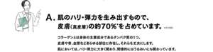 A. 肌のハリ・弾力を生み出すもので、皮膚（真皮層）の約70%*を占めています。*水分を除く　コラーゲンとは身体の主要成分であるタンパク質の1つ。皮膚や骨、血管などあらゆる部位に存在し、それらを丈夫にします。肌においては、ハリ・弾力に大きく関わり、間接的にはうるおいにも関わっています。