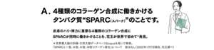 A. 4種類のコラーゲン合成に働きかけるタンパク質"SPARC（スパーク）"のことです。　皮膚のハリ・弾力に重要な4種類のコラーゲン合成にSPARCが同時に働きかけることを、花王が世界で初めて*発見。＊世界最大級の抄録・引用文献データベースScopusを用いて検索。「SPARCとI型、III型、IV型、VII型コラーゲン産生」について 該当なし（2022年1月7日現在、花王調べ）