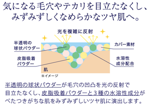 気になる毛穴やテカリを目立たなくし、みずみずしくなめらかなツヤ肌へ。 半透明の球状パウダーが毛穴の凹凸を光の反射で目立たなくし、皮脂吸着パウダーと3種の水溶性成分がべたつきがちな肌をみずみずしツヤ肌に演出します。