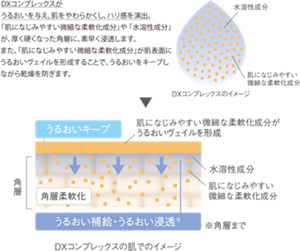 ＤＸコンプレックスがうるおいを与え、肌をやわらかくし、ハリ感を演出。「肌になじみやすい微細な柔軟化成分」や「水溶性成分」が、厚く硬くなった角層に、素早く浸透します。また、「肌になじみやすい微細な柔軟化成分」が肌表面にうるおいヴェイルを形成することで、うるおいをキープしながら乾燥を防ぎます。