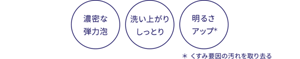 濃密な弾力泡 洗い上がりしっとり くすみ要因の汚れを取り去り、明るさアップ