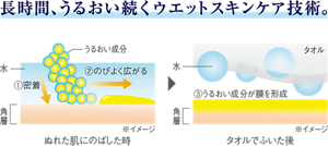 長時間、うるおい続くウェットスキンケア技術。  ウェットスキンケア技術のイメージ図。  ぬれた肌にも密着しながら、のびよく広がります。 うるおい成分が膜を形成し、タオルで拭いてもとれにくく、うるおいが続きます。