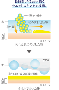 長時間、うるおい続くウェットスキンケア技術。  ウェットスキンケア技術のイメージ図。  ぬれた肌にも密着しながら、のびよく広がります。 うるおい成分が膜を形成し、タオルで拭いてもとれにくく、うるおいが続きます。