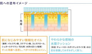 肌への塗布イメージ　肌になじみやすい微細化オイル（基剤：パルミチン酸、ステアリン酸、コレステロール、シュガースクワラン／乳化剤：水添大豆リン脂質）すっと角層へ浸透し、ベタつきを感じにくい。やわらかな感触の水膜クッション（保湿：チューベロースポリサッカライド液-ＢＧ）肌を保護してみずみずしく保つ。