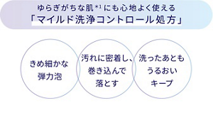 ゆらぎがちな肌＊1にも心地よく使える「マイルド洗浄コントロール処方」きめ細かな 弾力泡。汚れに密着し、巻き込んで落とす。洗ったあともうるおいキープ。