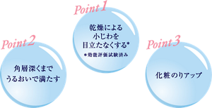 Point１ 乾燥による小じわを目立たなくする*　＊ 効能評価試験済み　Point２ 角層深くまでうるおいで満たす 　Point３ 化粧のりアップ