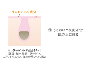 Wポアアプローチ処方　うるおいハリ成分が肌の上に残るイメージ