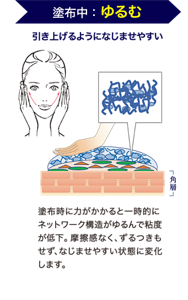 塗布中：ゆるむ　引き上げるようになじませやすい　塗布時に力がかかると一時的にネットワーク構造がゆるんで粘度が低下。摩擦感なく、ずるつきもせず、なじませやすい状態に変化します。