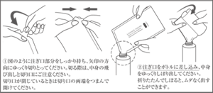 ①注ぎ口部分をしっかり持ち、矢印の方向にゆっくり切りとってください。切る際は、中身の飛び出しと切り口にご注意ください。 切り口が閉じているときは切り口の両端をつまんで開けてください。 ②注ぎ口をボトルに差し込み、中身をゆっくりしぼり出してください。 折りたたんでしぼると、ムダなく出すことができます。