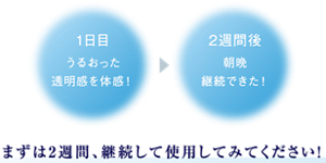 1日目 うるおった透明感を体感！ 2週間後 朝晩 継続できた！ まずは2週間、継続して使用してみてください！