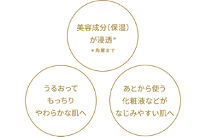 うるおってもっちりやわらかな肌へ 美容成分（保湿）が浸透* ＊角層まで あとから使う化粧液などがなじみやすい肌へ