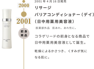  前身商品　2001年4月16日発売　リサージ　バリアコンディショナー（デイ） （日中用薬用美容液） 医薬部外品　肌あれ、あれ性に。  コラゲリードの前身となる商品で 日中用薬用美容液として誕生。  乾燥によるかさつき、くすみが気になる肌に。